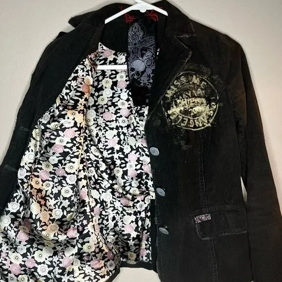 Miss Me Brown Distressed Corduroy Jacket Embroidered Long Sleeve Blazer Grunge S - Picture 4 of 15